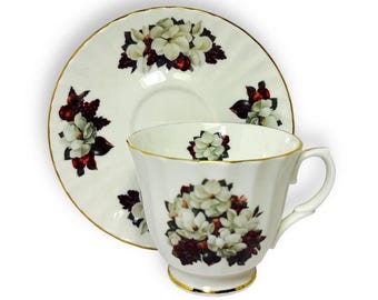 Golden Crown Tea Cup & Saucer, Fine Bone China, Glynda Turley, Gardenia, Floral