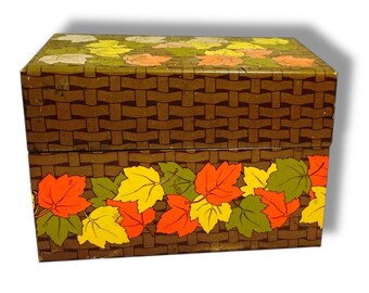 Vintage Metal Recipe Card Box Brown Wicker Autumn Leaves 1970's