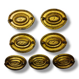 Vintage Oval Heppelwhite Style Drawer Pulls Stamped Metal Gold Tone Set of 7