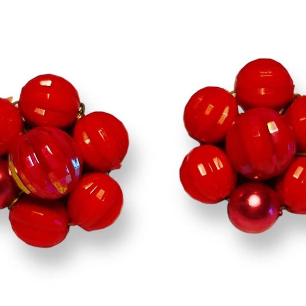 Vintage Red Cluster Earrings, Clip on, 1950s, West Germany, Mid Century, Fashion Jewelry