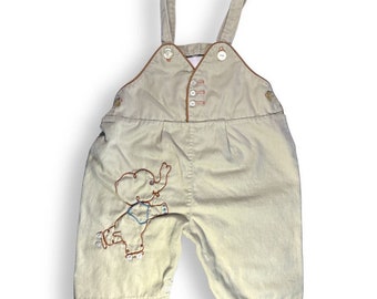 Vintage Baby Overalls, Embroidered Elephant, Khaki, Snap Crotch, Piping, 1950s