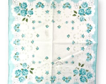 Vintage Handkerchief aqua rose buds on a white background, Women's Accessory, Mother's Day