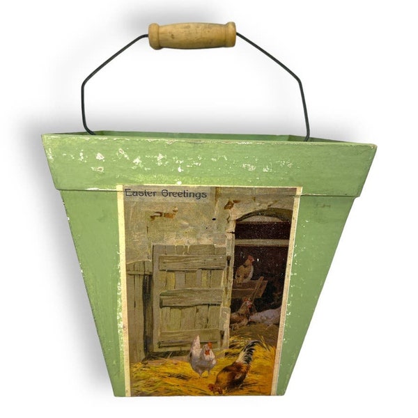 Vintage Green Chipboard Basket Bale Handle Easter Postcard Spring decoration