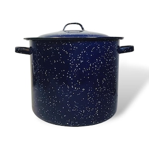 May include: A deep, cylindrical stockpot with a dark blue enamel finish featuring a white speckled pattern. The pot includes two side handles, a matching lid with a central handle, and a wide rim, all constructed with a smooth, glossy surface.