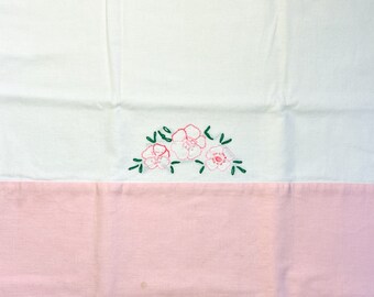 Vintage Embroidered Pillowcase, Pink floral, Grandma Cottage style, Glamper,