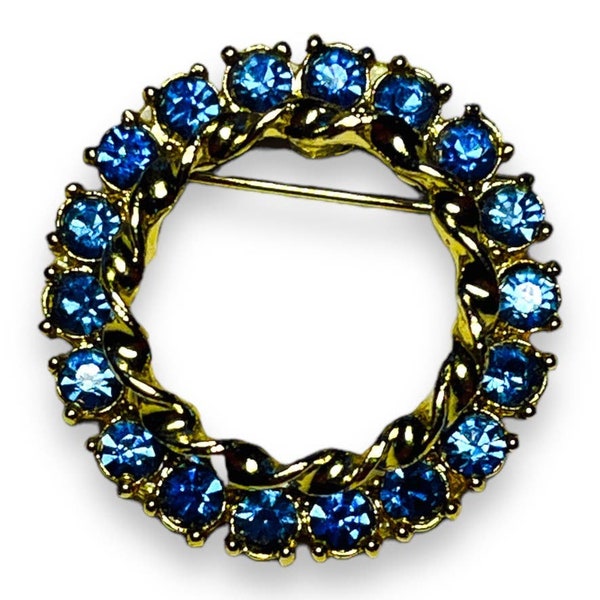 Pin, Blue Rhinestone, Circular Round Wreath, Unmarked, Fashion Costume Jewelry, Brooch, Gift for mom, Mother's Day Gift