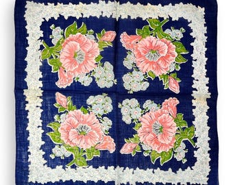 Vintage Handkerchief, navy blue with pink flowers, springtime decor, Woman&#39;s accessory