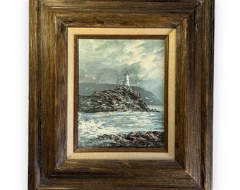 Light House, Oil Painting, Original, Signed R. Thompson, Barn Wood Frame, Seascape