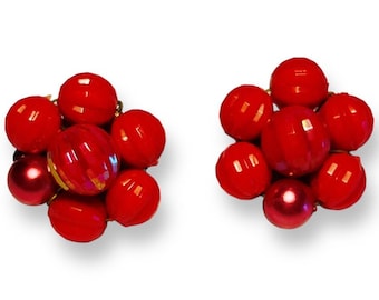 Vintage Red Cluster Earrings, Clip on, 1950s, West Germany, Mid Century