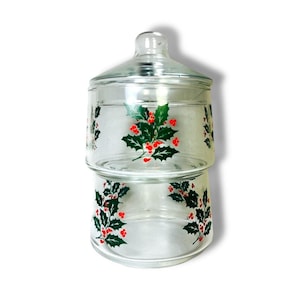 Christmas Stacking Glass Candy Dish with Lid Holly Berry