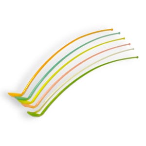 May include: A set of six long, slender, curved stirring spoons in assorted pastel and bright colors including orange, teal, yellow, pink, cream, and lime green. Each spoon features a small, rounded bowl and a thin, elongated handle.