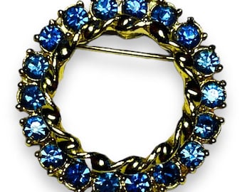 Blue Rhinestone Wreath Brooch, Round Gold Fashion Jewelry, Vintage Pin