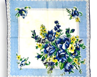 Handkerchief Blue and Yellow Floral Spring Wedding Easter decor Vintage Linens Women's Accessory