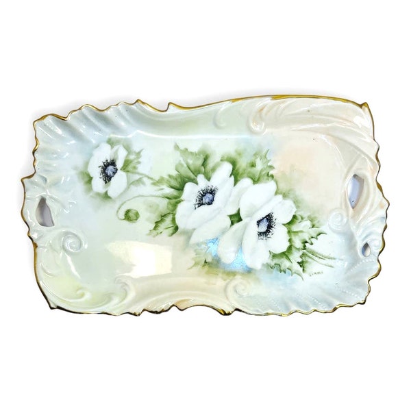 Vintage Floral Dresser Tray, Gilt Flutter edge, Hand Painted white flowers, Trinket dish, Serving tray