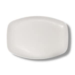 May include: A solid white oval serving platter with a smooth, matte finish and slightly raised edges. The platter features a clean, minimalist design with a wide, flat center surface and a gently curved rim, providing a simple and functional shape.