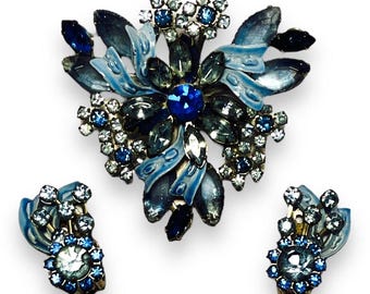 Brooch Clip Earrings Set Blue Rhinestones Enamel Ribbon Vintage MCM Unmarked