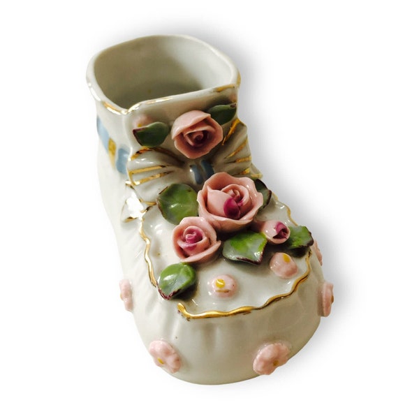 Napco Ceramic Baby Booty, Mini Vase, Pink Roses, Blue Ribbon, Raised Flowers, Japan, Baby Shower Decor, Vintage Nursery, Gift for baby