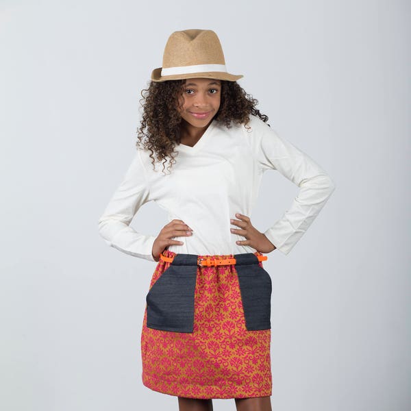 The Pria Pocket Skirt, a Simple, A-line Skirt with Fun Patch Pocket and Belt Loops; Elastic Waist Skirt; Modern and Easy to Sew