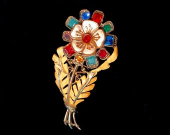 RARE Vintage Floral Brooch, Unsigned, Rhinestones, Cut Glass, Enameled Metal, Goldtone Metal, FREE DOMESTIC Shipping!