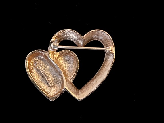 Signed EMMONS Double Heart Rhinestone Brooch, Gol… - image 6