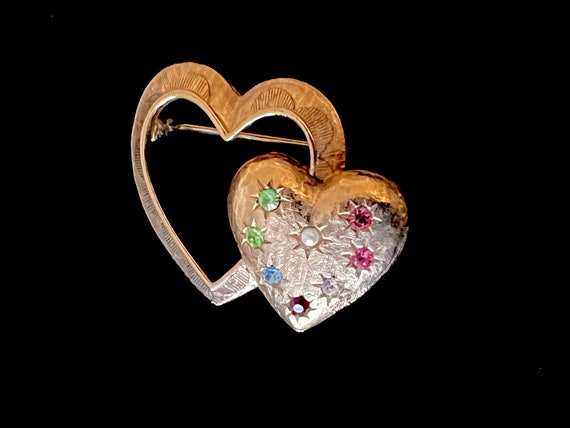 Signed EMMONS Double Heart Rhinestone Brooch, Gol… - image 1