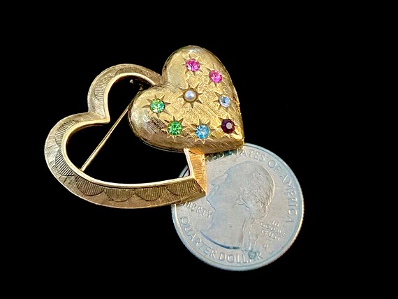 Signed EMMONS Double Heart Rhinestone Brooch, Gol… - image 4