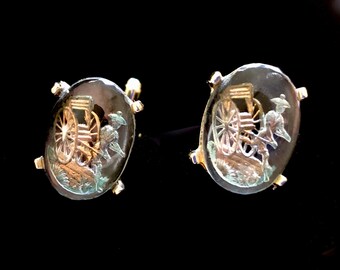 Reverse Intaglio Glass Cufflinks, Multicolor, Chinese Rickshaw Motif, FREE DOMESTIC SHIPPING!