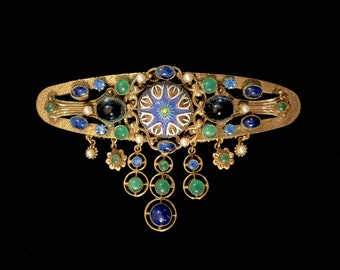 MUST SEE Original by Robert Dangle Bar Brooch, Etruscan Revival Beauty, Art Glass, Pearls, Cabochons, Rhinestones. FREE Domestic Shipping!