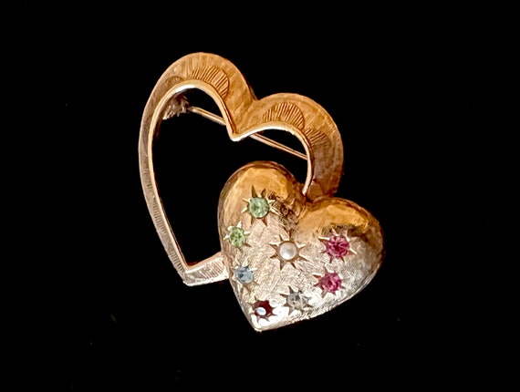 Signed EMMONS Double Heart Rhinestone Brooch, Gol… - image 3