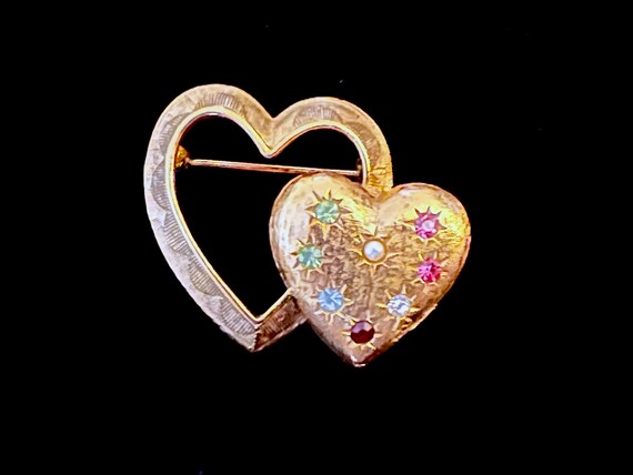 Signed EMMONS Double Heart Rhinestone Brooch, Gol… - image 2