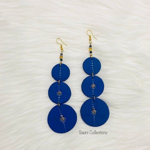 Handmade African Wood Dangle Earrings: Lightweight Blue Jewelry
