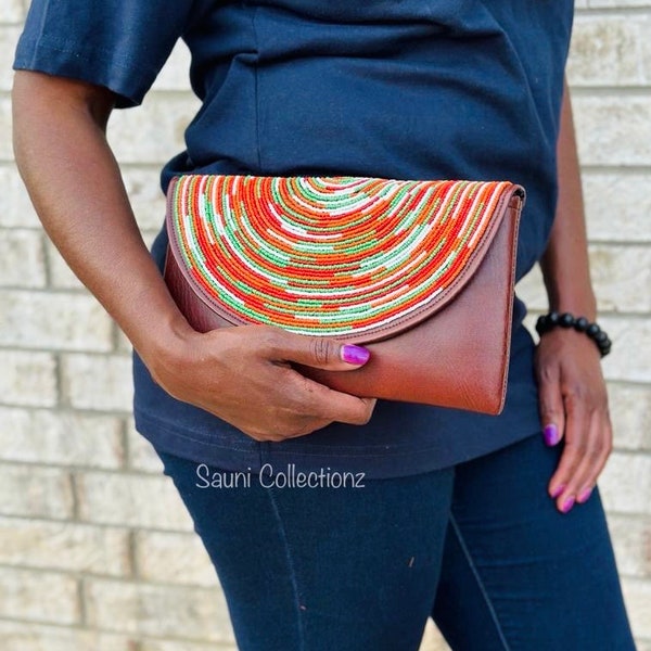 Multicolored Clutch Bags, Orangish Beaded Clutch Bags, Purse, Evening Bags, Leather Bags, Beaded Bags, Masai Bags, African Bags,