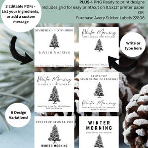 Könnte beinhalten: Sechs Etiketten-Designvarianten für köchelndes Potpourri, jeweils mit Winterthema. Die Etiketten sind 5,08 cm x 5,08 cm groß und enthalten editierbare PDFs und PNG-Dateien zum einfachen Drucken. Der Text auf den Etiketten lautet "Winter Morning" und "Stovetop Simmer Pot".