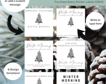 Puede incluir: Seis variaciones de diseño de etiquetas para popurrí a fuego lento, cada una con un tema de invierno. Las etiquetas miden 5,08 cm x 5,08 cm e incluyen archivos PDF editables y PNG para una fácil impresión. El texto de las etiquetas dice "Winter Morning" y "Stovetop Simmer Pot".