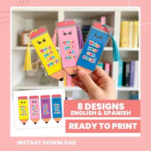 Puede incluir: Marcadores con forma de lápiz en amarillo, rosa y azul, cada uno con el texto "Write your own story!". Los marcadores tienen borlas. La imagen también muestra un gráfico con el texto "8 Designs English & Spanish" y "Ready to Print."