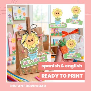 Puede incluir: Una bolsa de regalo de papel marrón decorada con un gráfico de girasol amarillo, una mariquita y el texto "HELLO SPRING". También se muestran etiquetas adicionales con el texto "HOLA PRIMAVERA" y "HELLO SPRING". La imagen también incluye el texto "spanish & english" y "READY TO PRINT".