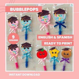 Kindergarten Graduation bubblepops, End of Year BubblePop Favor Tag, Pre-K Graduate Printable, Bilingual School Student Gift