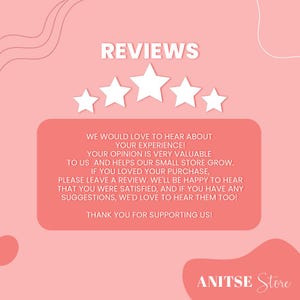 Puede incluir: Fondo rosa con estrellas blancas y un cuadro de texto que dice "REVIEWS". El cuadro de texto contiene un mensaje que anima a los clientes a dejar una rese&ntilde;a y les agradece su apoyo. El cuadro de texto tambi&eacute;n incluye el texto "ANITSE Store".