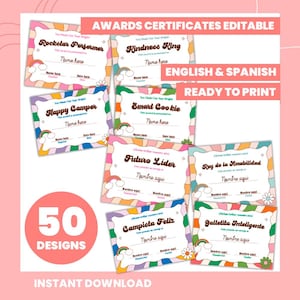 Student Awards Editable End of Year Awards Bilingual Class Certificates Retro Groovy Student Certificates Spanish English Teacher Awards