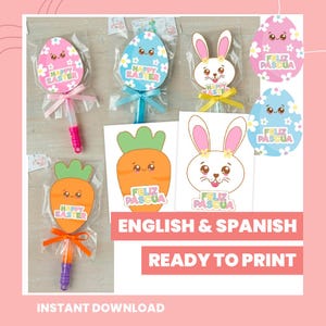Puede incluir: Diseños imprimibles con temática de Pascua con formas de huevo y zanahoria con el texto "Happy Easter" y "Feliz Pascua". Los diseños incluyen varitas de burbujas y recortes de conejos y huevos. La imagen también incluye el texto "English & Spanish" y "Ready to Print."