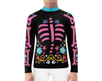 Dia De La Riva Pink Jiujitsu Kids Rashie Day of the Dead BJJ Rash Guard JiuJitsu Devotee De La Riva Guard Dia de los Muertos Youth Rashguard