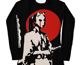 Bushi Bushi Mina WhiteBelt Women&#39;s Rashie - Women&#39;s Athletic Rash Guard - BJJ Masked Warrior Woman Nogi Grappling Samurai Warrior RashGuard