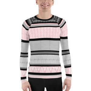 May include: A long-sleeved shirt with a pink, gray, and black geometric pattern. The shirt has a crew neck and a fitted silhouette.