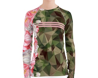 Women&#39;s Jiu Jitsu Camo Peonies BJJ Rashie - Women&#39;s Camouflage Triangles Rash Guard - BJJ Womens Rashguard Peonies and Camo Nogi Grappling