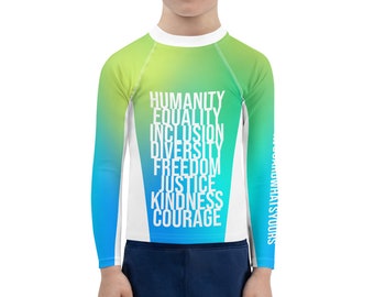 Gloam Guard Each Other Diversity Equality Inclusion Jiu Jitsu Kids Rashie JiuJitsu BJJ Humanity Jits RashGuard Kindness Kids BJJ Rash Guard