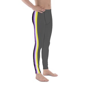 May include: Gray athletic leggings with a side stripe featuring the colors of the non-binary pride flag: purple, white, yellow, and black.