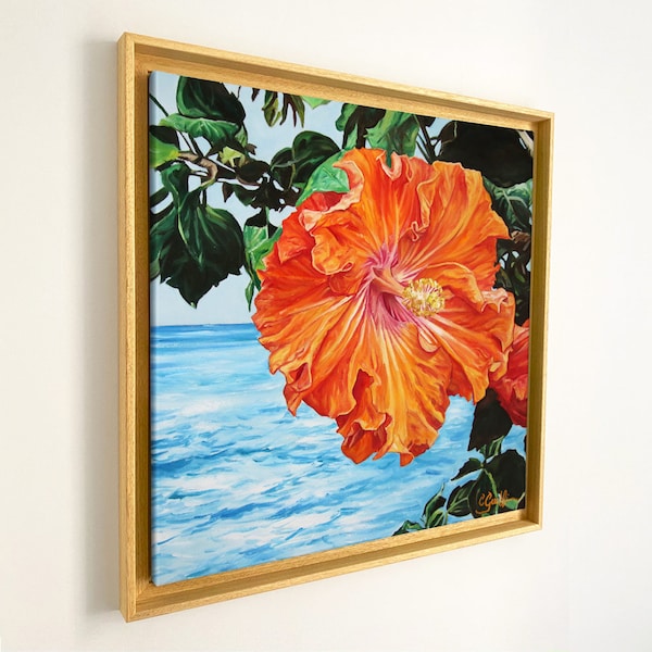 Tableau imprimé Fleur d’hibiscus orange tropicale et océan