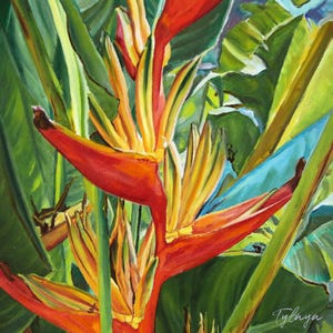 Tropical Flower Heliconia Faux Bird of Paradise Printed Painting