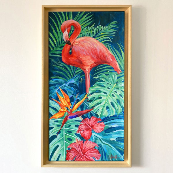 Tableau imprimé tropical Flamant rose et végétal