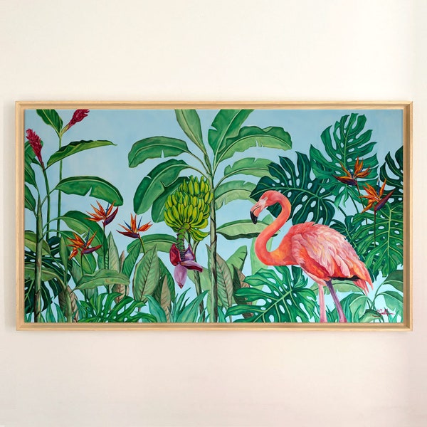 Tableau imprimé flamant rose et nature tropicale